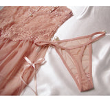 Peach hollowed high slit suspender long lace sexy goddess nightdress